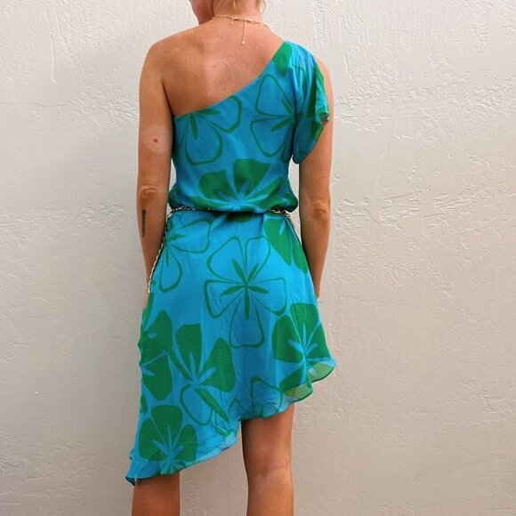 Summer '04 Y2K 100% Silk Blue Floral Asymmetric  One Shoulder Dress - Picture 4 of 7